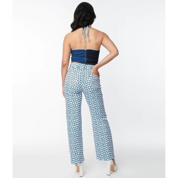 NWT, Unique Vintage Blue & White Checkered Daisy Print Jeans, Size L - Picture 3 of 16